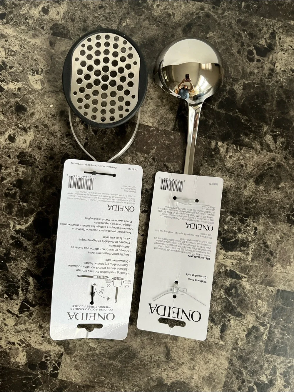 Oneida Kitchen Stainless Steel Foldable Potato Masher & Legacy Ladle 2 Sets